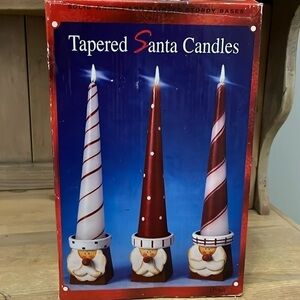 Christmas Tapered Santa Candles Set of 3 Hand-painted Wood Base New Holiday Box